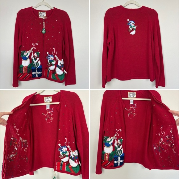 Heirloom Collectibles Christmas Cardigan Size L Full Zip Snowmen Appliques‎ Art - Picture 14 of 17